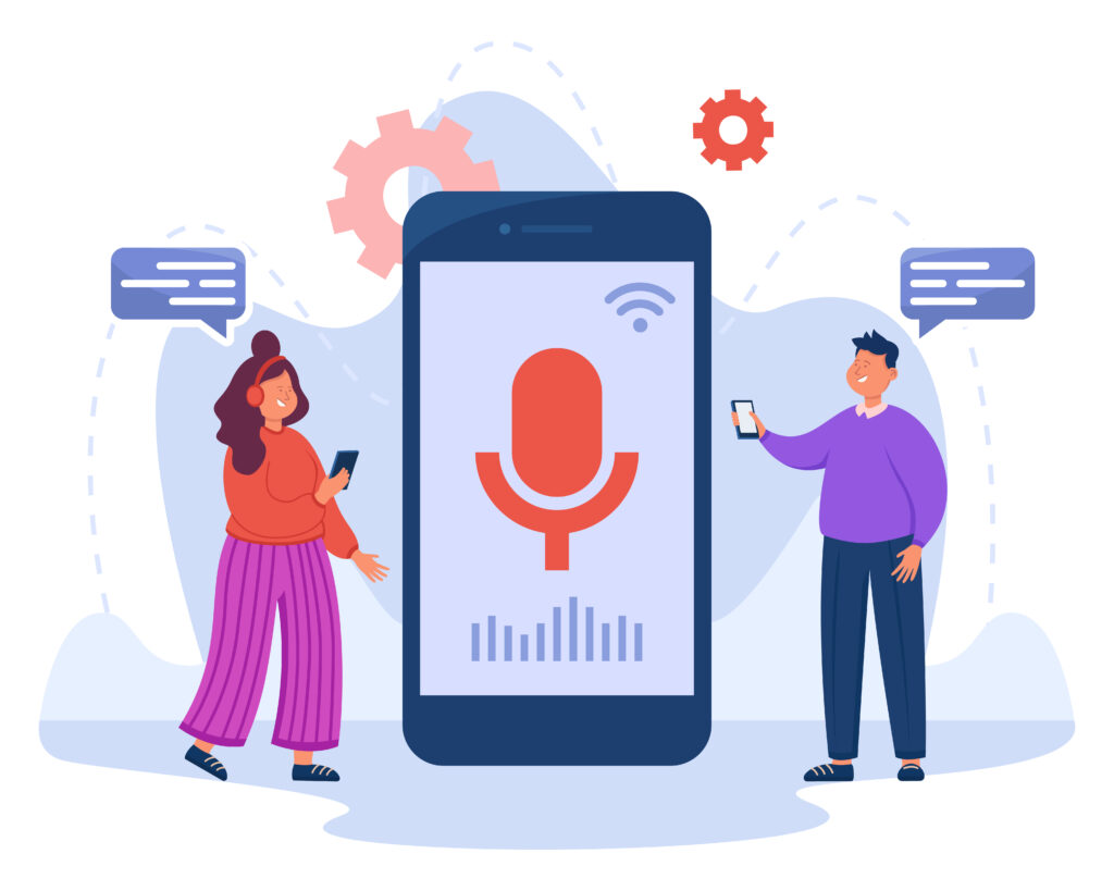 Tiny people near phone with voice assistant on screen. Man and woman using AI, speaking into speaker, recording voice messages on digital devices flat vector illustration. Technology, software concept